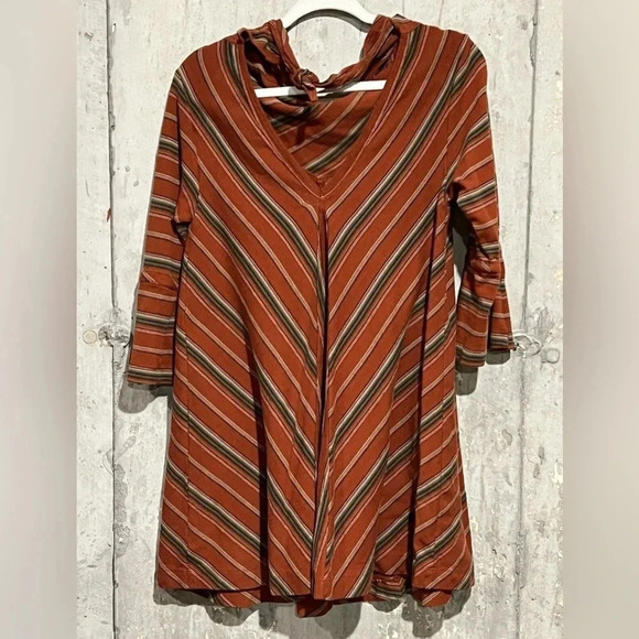 Free People New Romantics 3/4 Sleeve Burnt Orange Striped Dress Scoop Back Sz Sm - Picture 2 of 7